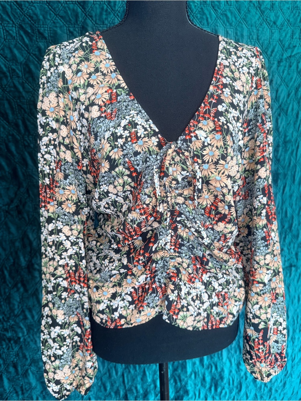 H&M Black Floral V-Neck Long Sleeve Blouse